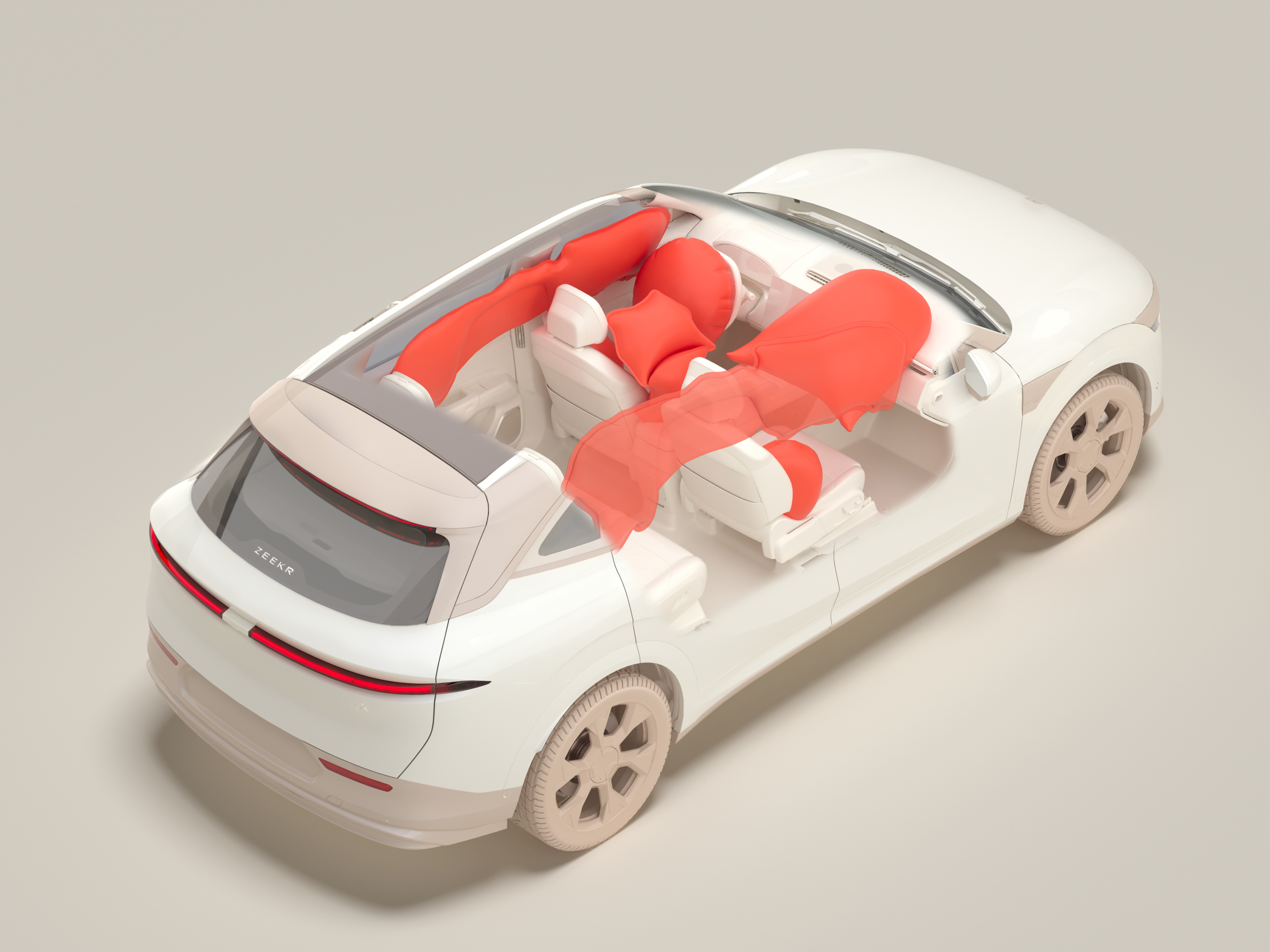 Schnittdarstellung des Innenraums mit allen entfalteten Airbags