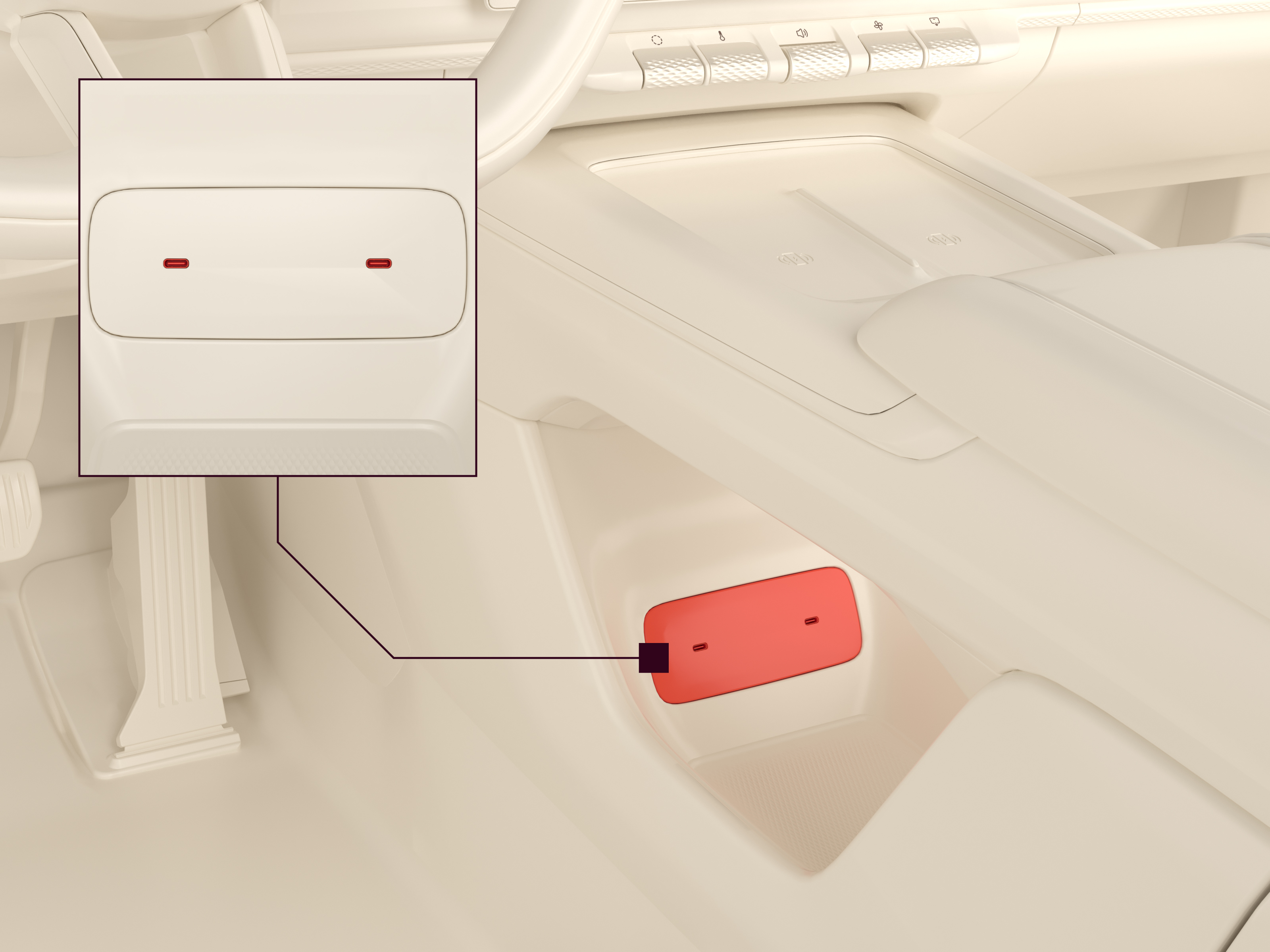 USB-Anschlüsse an der Vorderseite der Tunnelkonsole