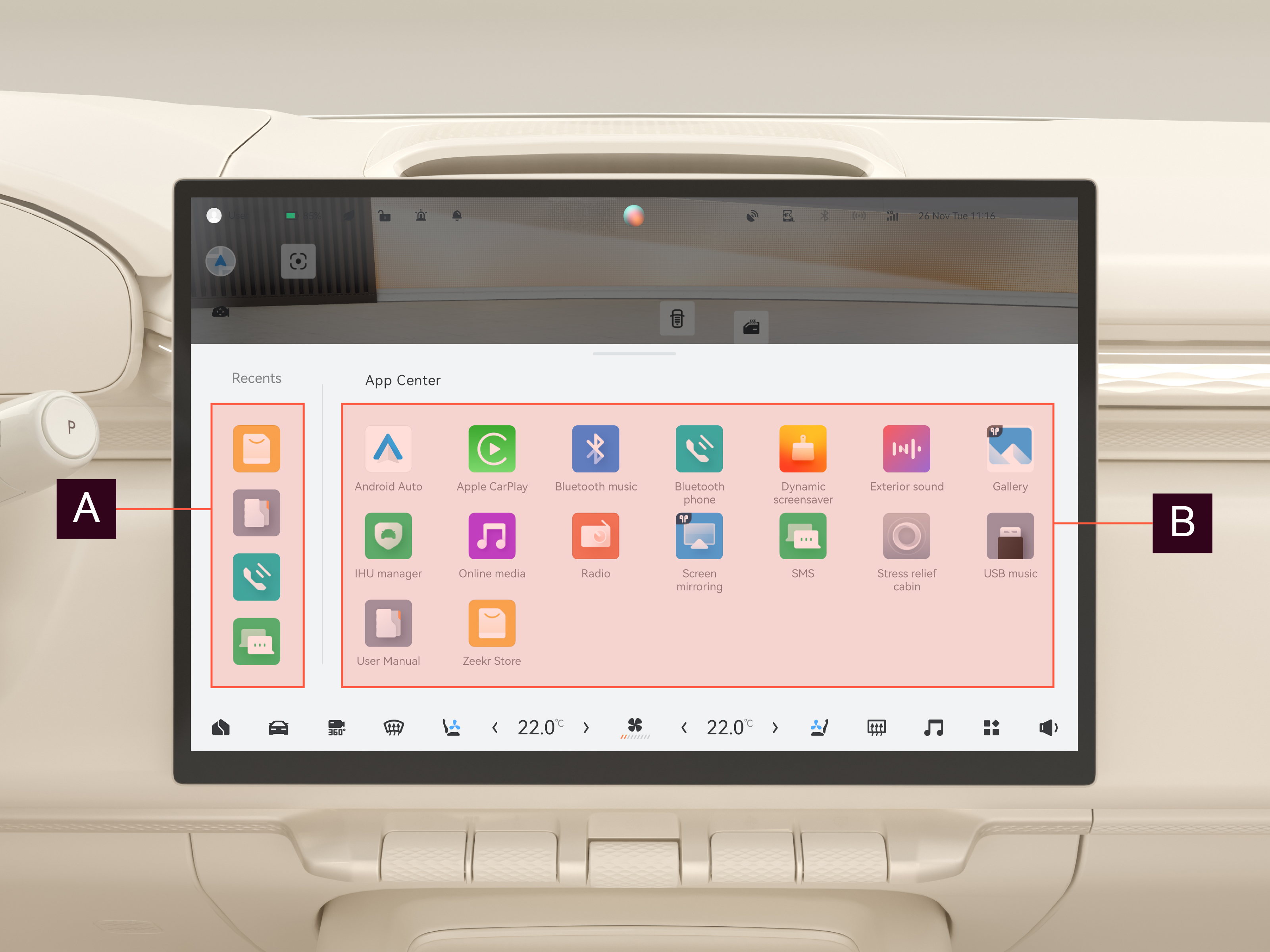 App-Center auf dem mittleren Display mit den zuletzt verwendeten Apps (Bereich A) und der vollständigen App-Liste (Bereich B)