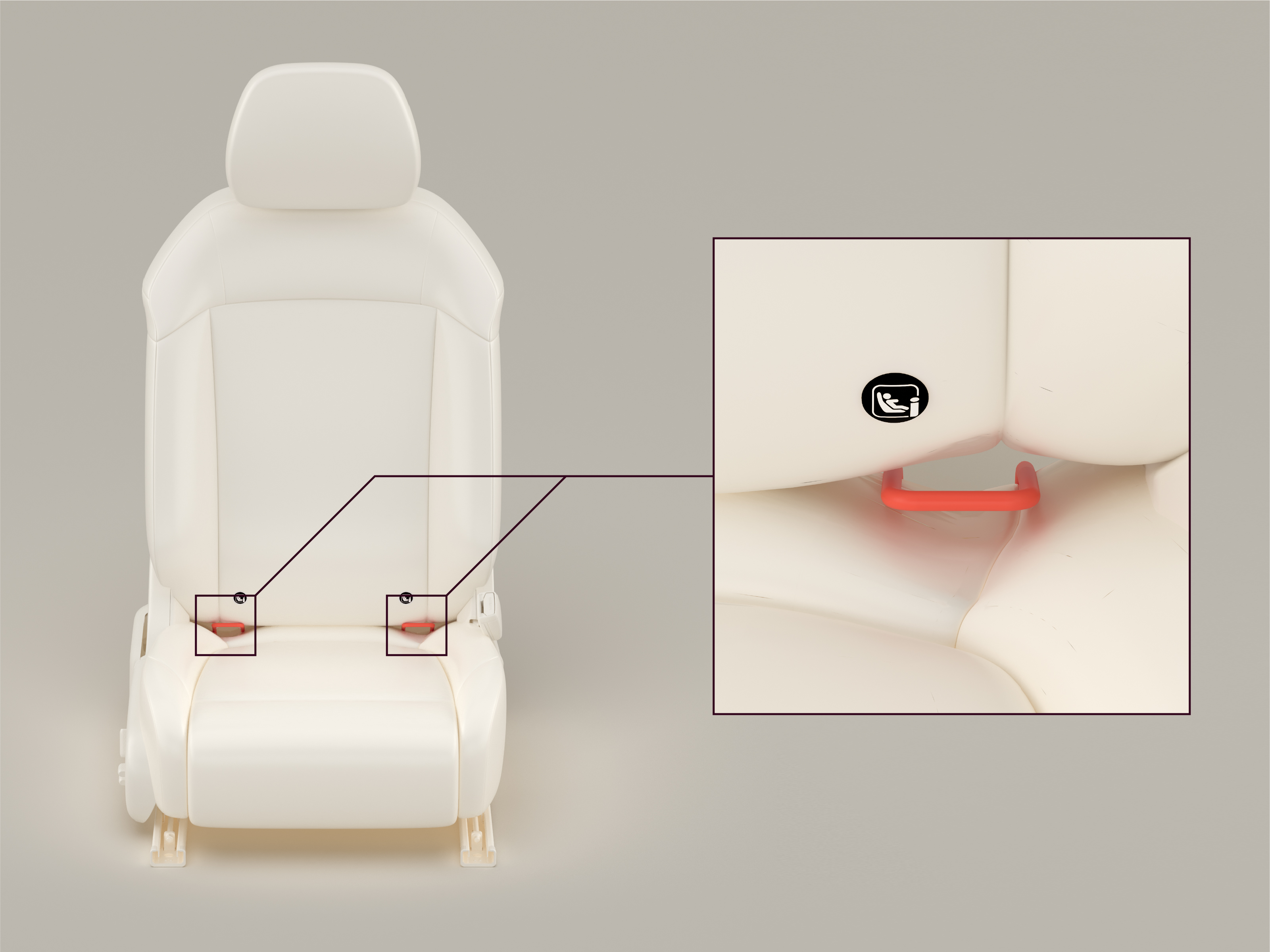 Untere ISOFIX/i-Size-Verankerungen zwischen Sitzlehne und Sitzkissen des Beifahrersitzes